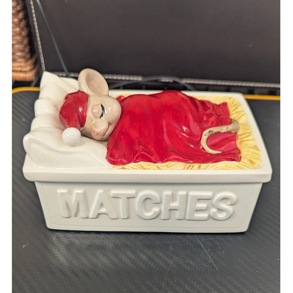 Vintage Trinket Matchbox Holder Ceramic Sleeping Christmas Mouse Holiday 1981